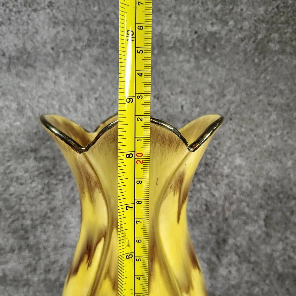 West Germany Vase Yellow Brown Drip Glaze Scalloped Gold Trim 556/21 8.25in